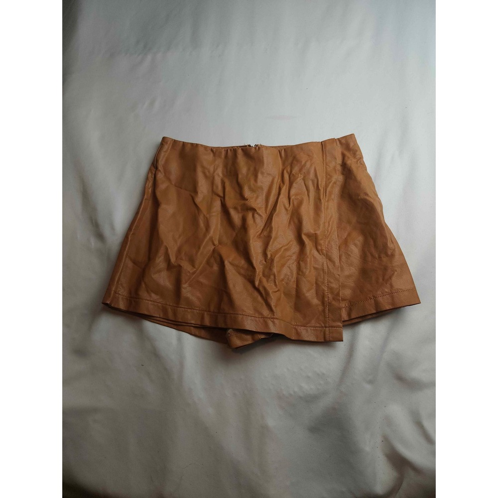 TCEC Camel Brown Faux Leather Wrap Skort Vegan Mini Skirt Shorts Womens Medium